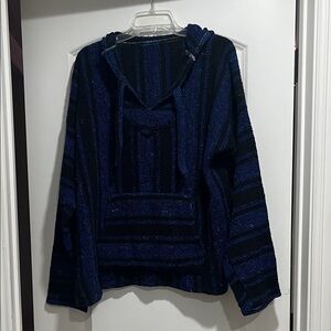 Authentic Mexican Poncho Blue and Black Striped Hoodie